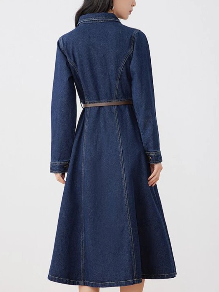 FTLZZ Autumn Winter Casual Women Lapel Single Breasted Denim Dress Vintage Lady Empire Slim A-line Midi Dress with Belt