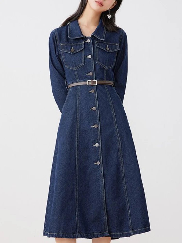 FTLZZ Autumn Winter Casual Women Lapel Single Breasted Denim Dress Vintage Lady Empire Slim A-line Midi Dress with Belt