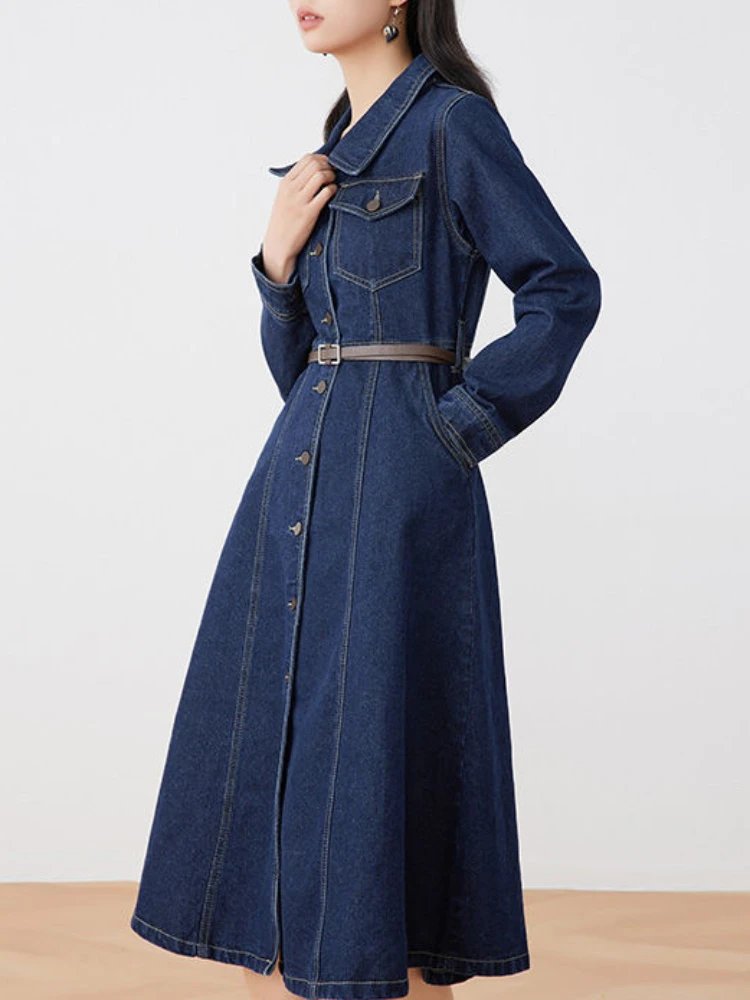 FTLZZ Autumn Winter Casual Women Lapel Single Breasted Denim Dress Vintage Lady Empire Slim A-line Midi Dress with Belt