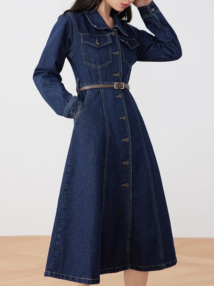 FTLZZ Autumn Winter Casual Women Lapel Single Breasted Denim Dress Vintage Lady Empire Slim A-line Midi Dress with Belt