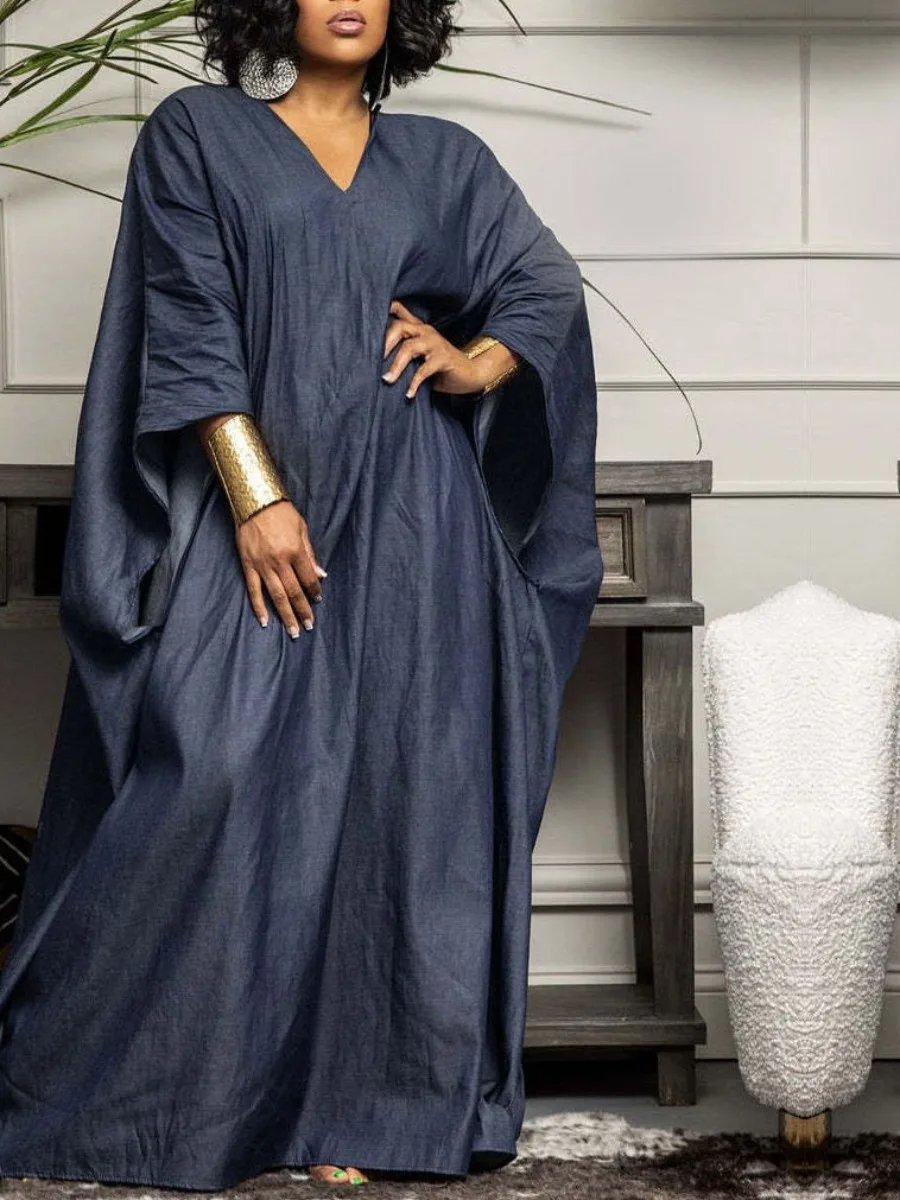 LW Loose Fit Denim Imitation Dress Batwing Sleeve V Neck Plain Maxi Dresses Casual Solid Color Floor Length Vestidos