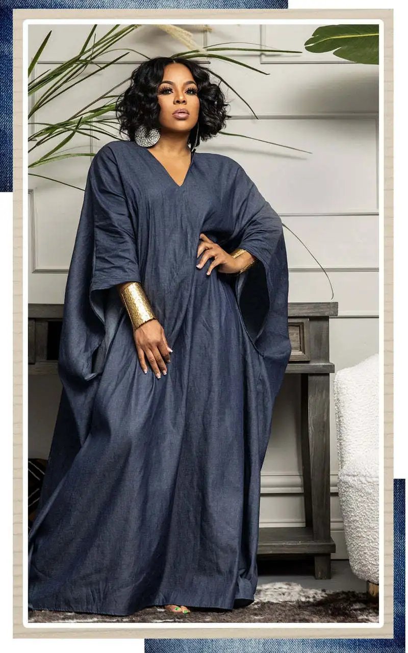 LW Loose Fit Denim Imitation Dress Batwing Sleeve V Neck Plain Maxi Dresses Casual Solid Color Floor Length Vestidos