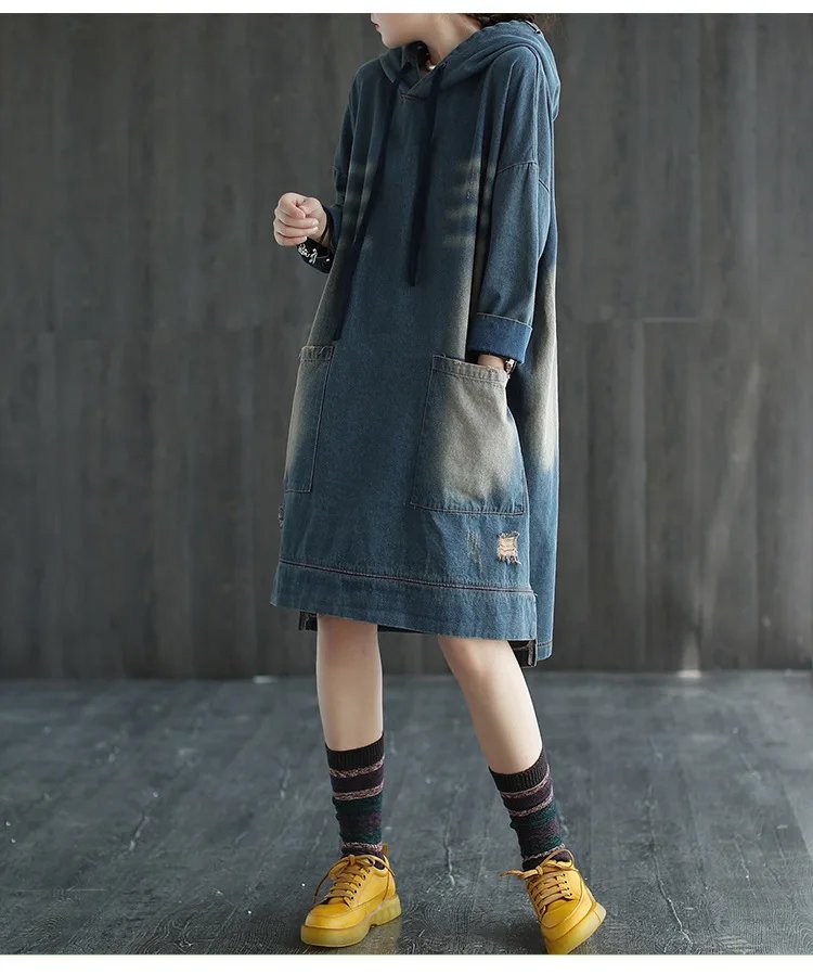 Max LuLu 2022 Korean Designer Ladies Autumn Ripped Denim Dresses Womens Casual Vintage Dress Hooded Elegant Sexy Luxury Vestidos