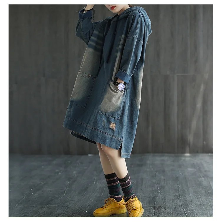 Max LuLu 2022 Korean Designer Ladies Autumn Ripped Denim Dresses Womens Casual Vintage Dress Hooded Elegant Sexy Luxury Vestidos