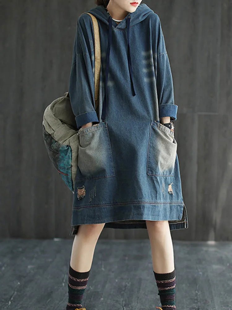 Max LuLu 2022 Korean Designer Ladies Autumn Ripped Denim Dresses Womens Casual Vintage Dress Hooded Elegant Sexy Luxury Vestidos