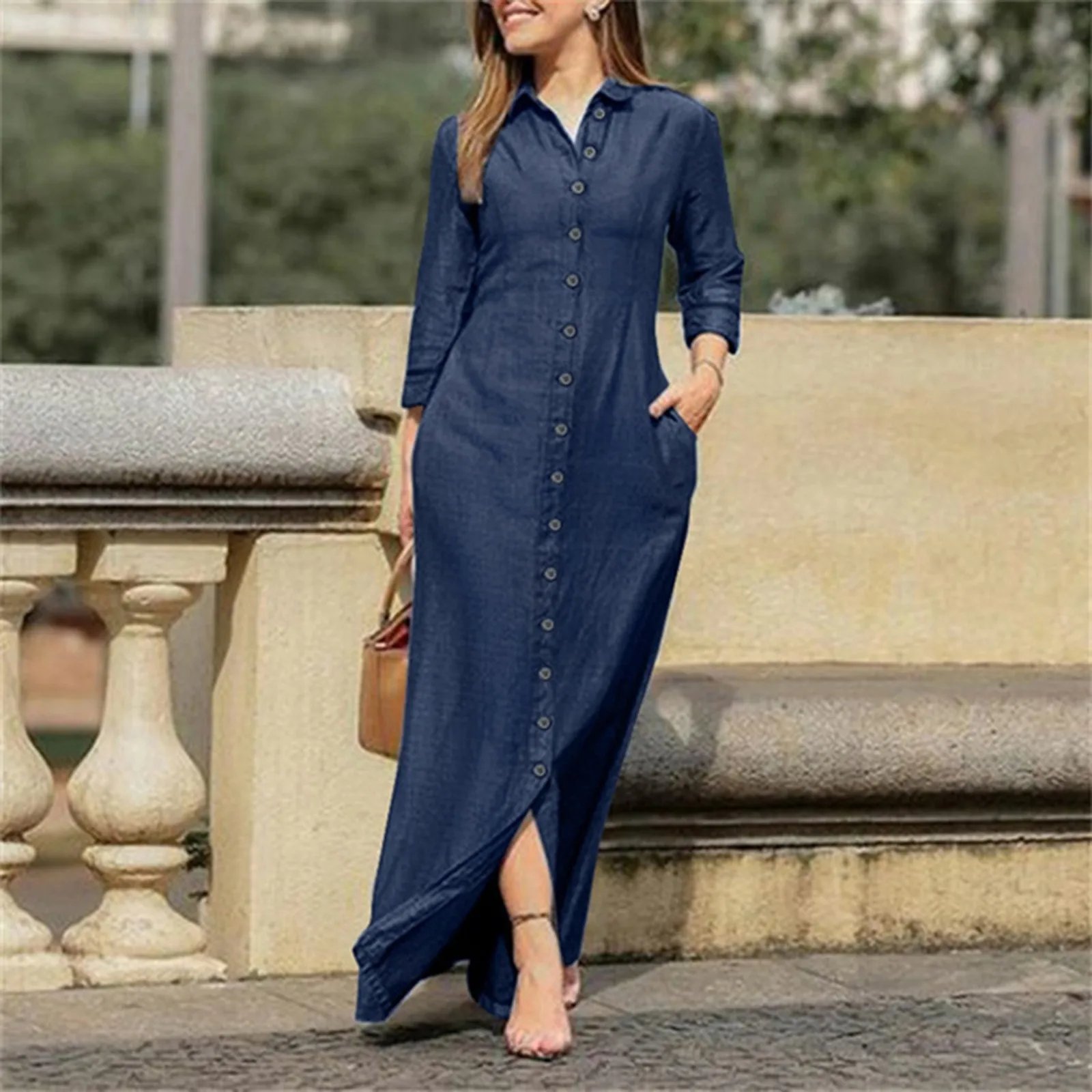 Fashion Denim Dress Women Large Size Long Sleeve Lapel Maxi Shirt Dress Simple Stylish Single Breasted Pockets Long Dress