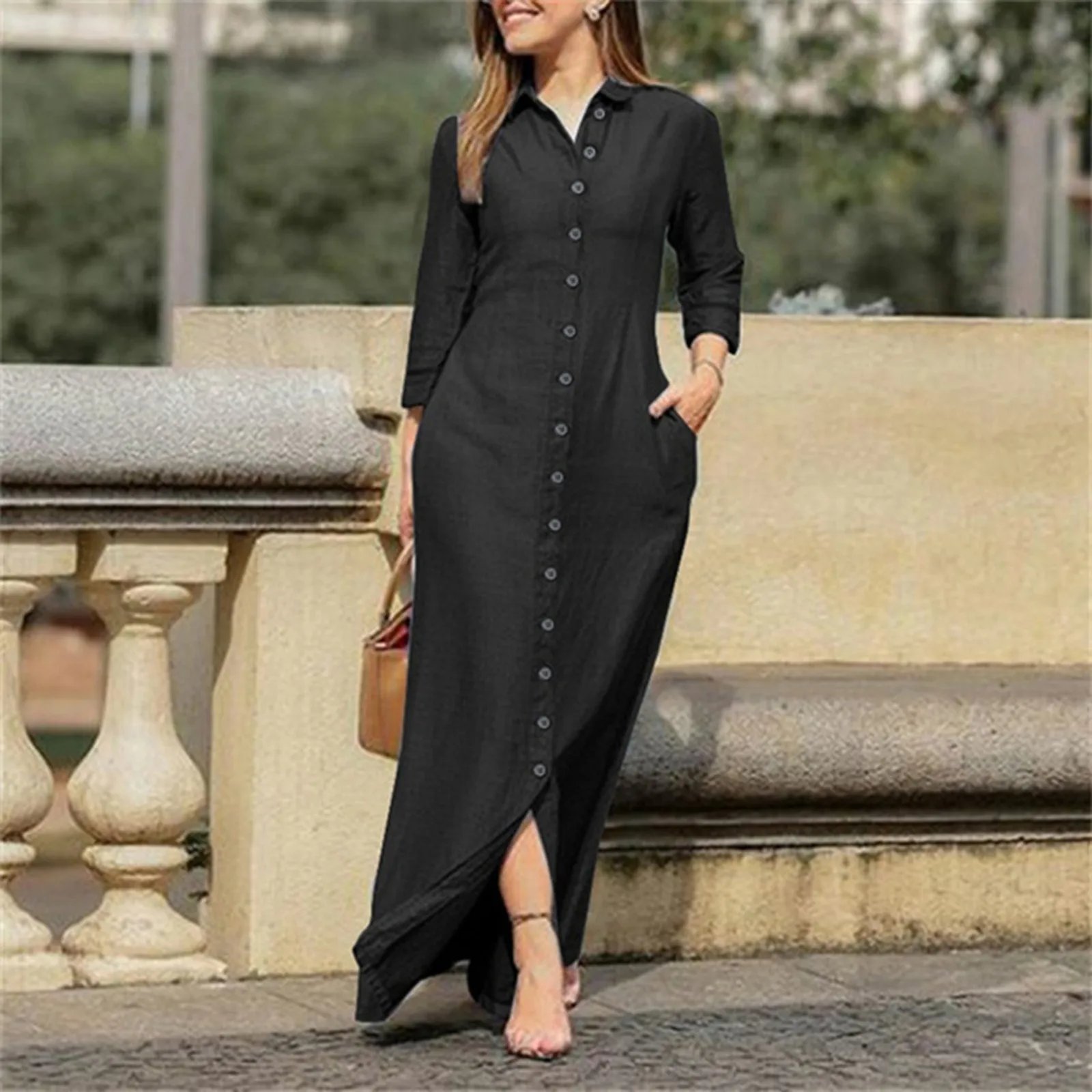 Fashion Denim Dress Women Large Size Long Sleeve Lapel Maxi Shirt Dress Simple Stylish Single Breasted Pockets Long Dress