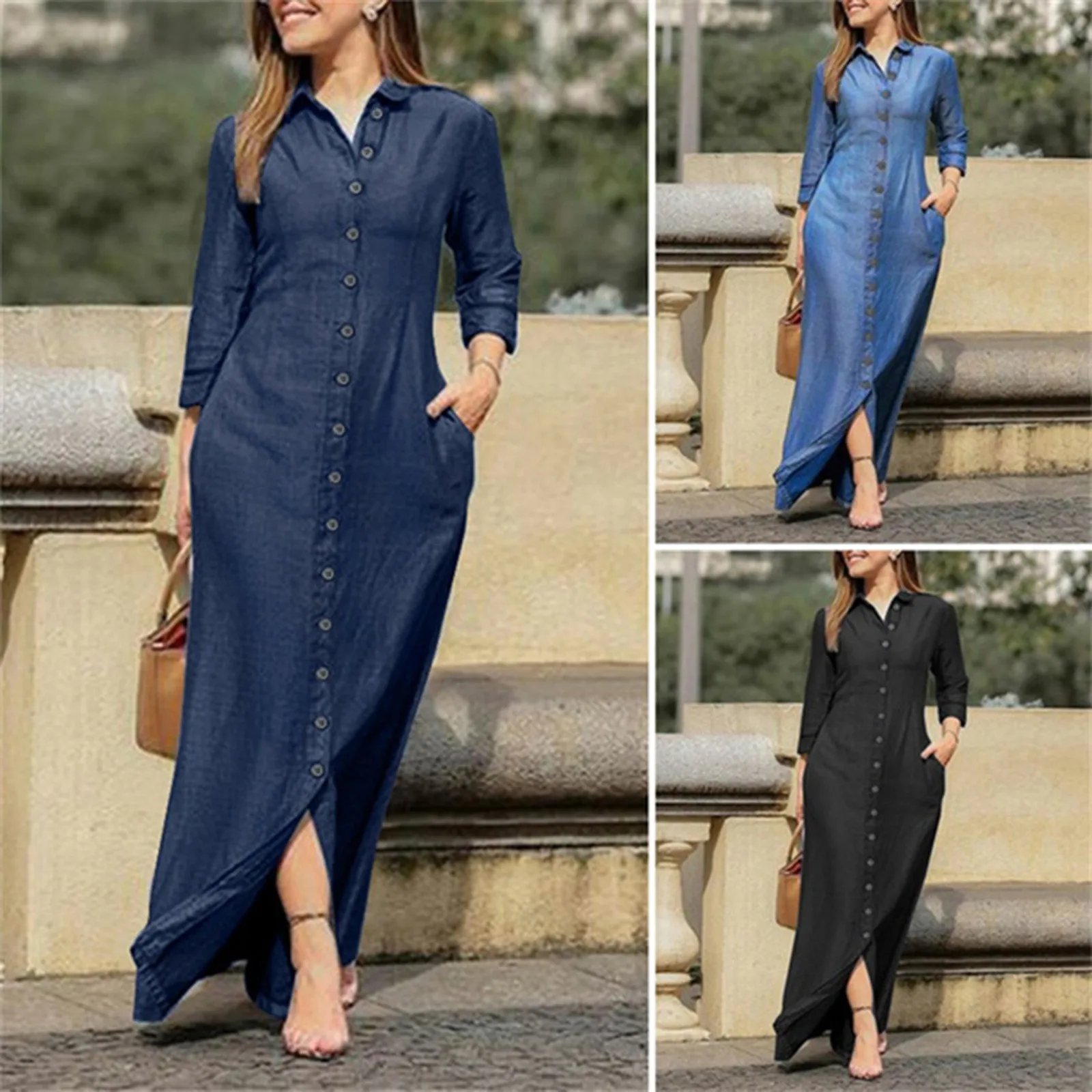 Fashion Denim Dress Women Large Size Long Sleeve Lapel Maxi Shirt Dress Simple Stylish Single Breasted Pockets Long Dress