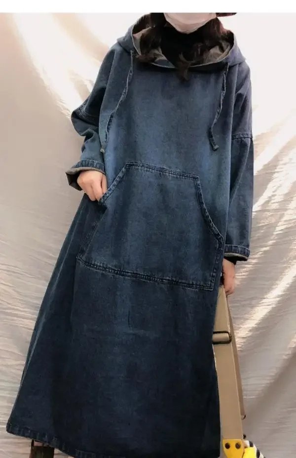 Spring Autumn New Women Long-sleeved Denim Dress Female Button Pocket Vintage Casual Baggy Ladies Streetwear Robe