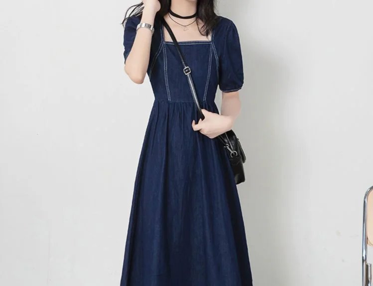 Vintage Square Neck Denim Dress Women Chic Back Zipper Pleated Spliced Female Short Sleeve Dresses 2024 Summer New Vestido