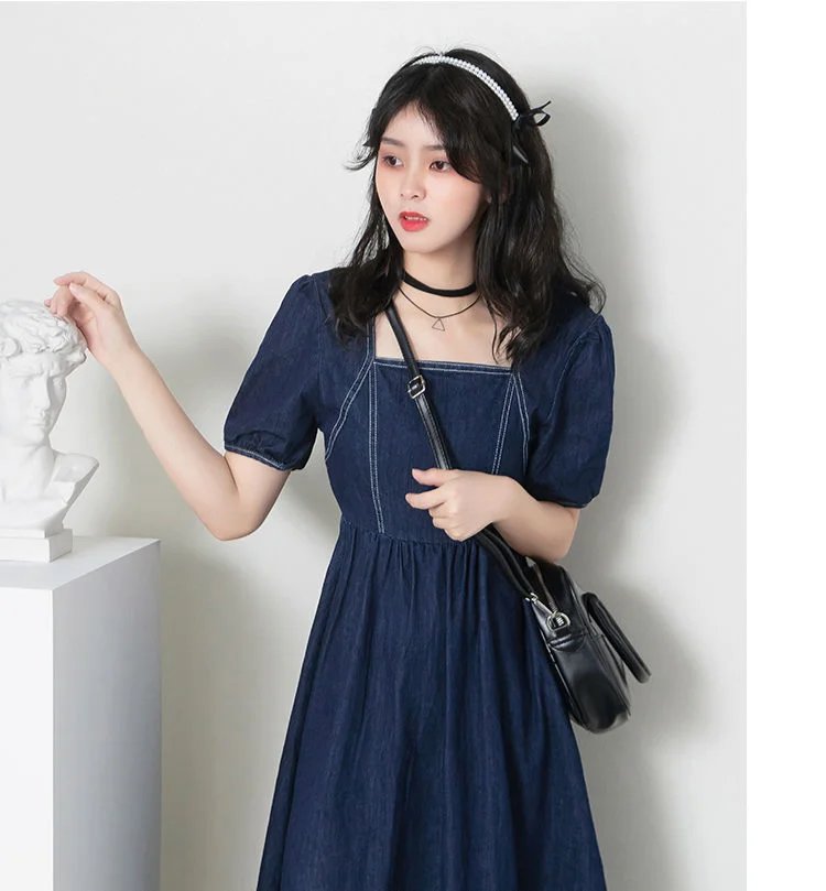 Vintage Square Neck Denim Dress Women Chic Back Zipper Pleated Spliced Female Short Sleeve Dresses 2024 Summer New Vestido