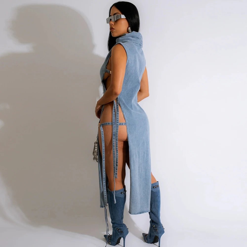 Women Turtleneck Sleeveless Casual Midi Dress Sexy Side High Slit Denim Sundress 2023 Summer Harajuku Fairy Grunge Clothes