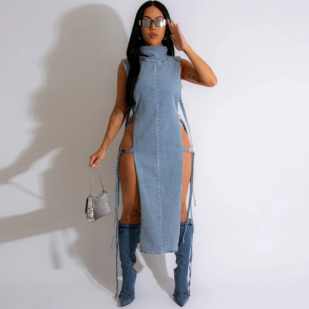 Women Turtleneck Sleeveless Casual Midi Dress Sexy Side High Slit Denim Sundress 2023 Summer Harajuku Fairy Grunge Clothes
