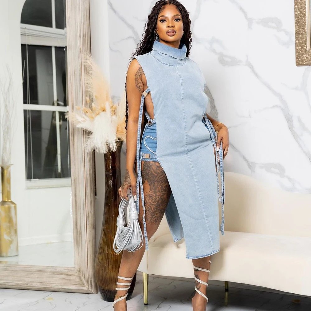 Women Turtleneck Sleeveless Casual Midi Dress Sexy Side High Slit Denim Sundress 2023 Summer Harajuku Fairy Grunge Clothes