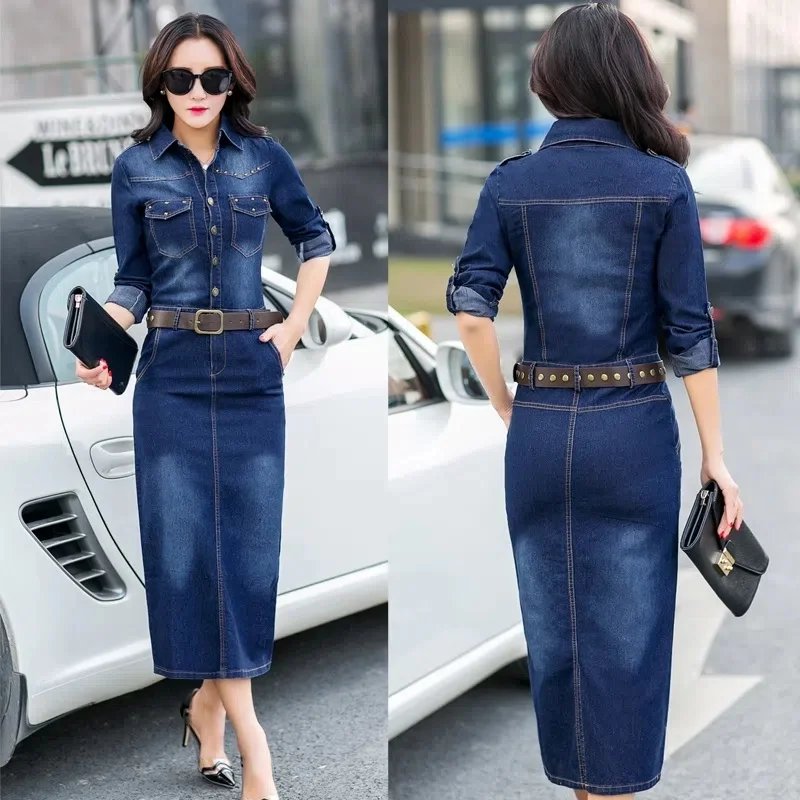 2023 New Spring Autumn Dresses For Women Casual Vintage Denim Dress Lady Long Sleeves Blue Jeans Wrap Arm Dresses Vestidos S-3XL