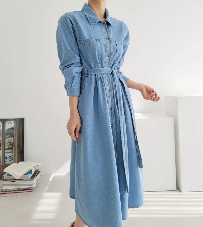 [EWQ] Vintage Fashion Single Breasted Lace Up Denim Dress Elegant Casual All Match Long Dresses Women 2024 Spring Autumn 16U7550