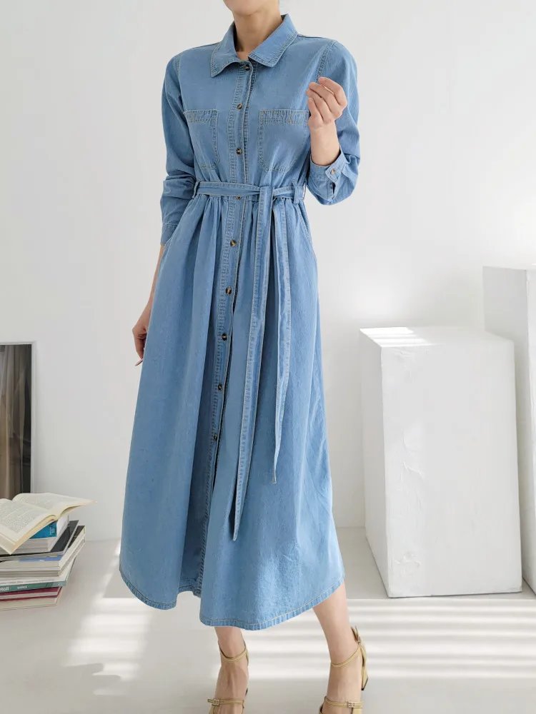 [EWQ] Vintage Fashion Single Breasted Lace Up Denim Dress Elegant Casual All Match Long Dresses Women 2024 Spring Autumn 16U7550