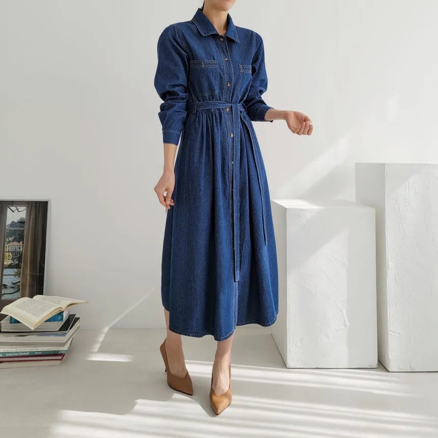 [EWQ] Vintage Fashion Single Breasted Lace Up Denim Dress Elegant Casual All Match Long Dresses Women 2024 Spring Autumn 16U7550