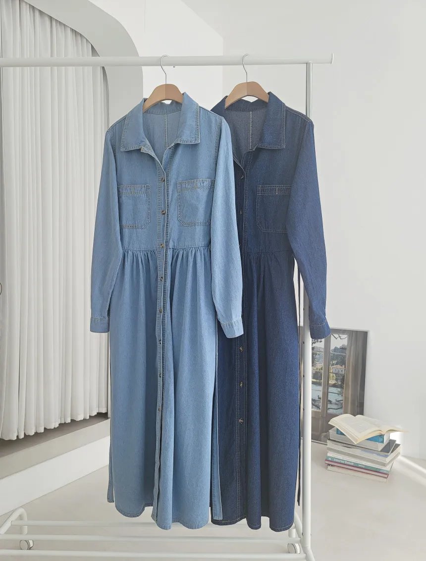 [EWQ] Vintage Fashion Single Breasted Lace Up Denim Dress Elegant Casual All Match Long Dresses Women 2024 Spring Autumn 16U7550