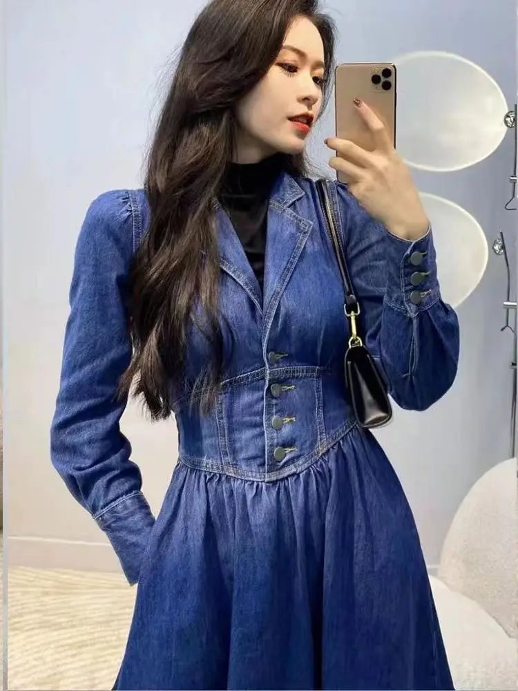 Vintage Long Sleeve Denim Dress Women 2024 New Jeans Dress Elegant Party Long Sleeve Dresses Casual Dresses