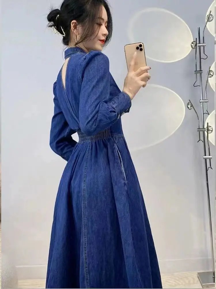 Vintage Long Sleeve Denim Dress Women 2024 New Jeans Dress Elegant Party Long Sleeve Dresses Casual Dresses