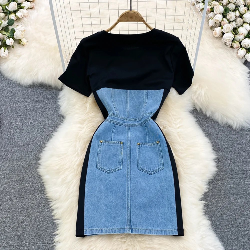 EWQ Sweet Style Women's Fake Two Piece O-neck Short-sleeve Denim Patchwork High Waist Dress 2024 Autumn New Dresses 27SN3697