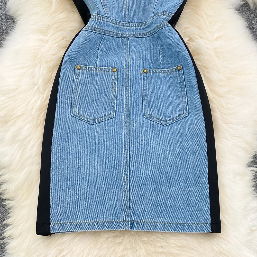 EWQ Sweet Style Women's Fake Two Piece O-neck Short-sleeve Denim Patchwork High Waist Dress 2024 Autumn New Dresses 27SN3697