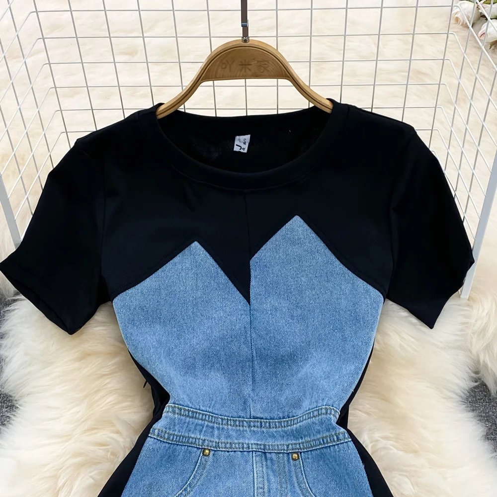 EWQ Sweet Style Women's Fake Two Piece O-neck Short-sleeve Denim Patchwork High Waist Dress 2024 Autumn New Dresses 27SN3697