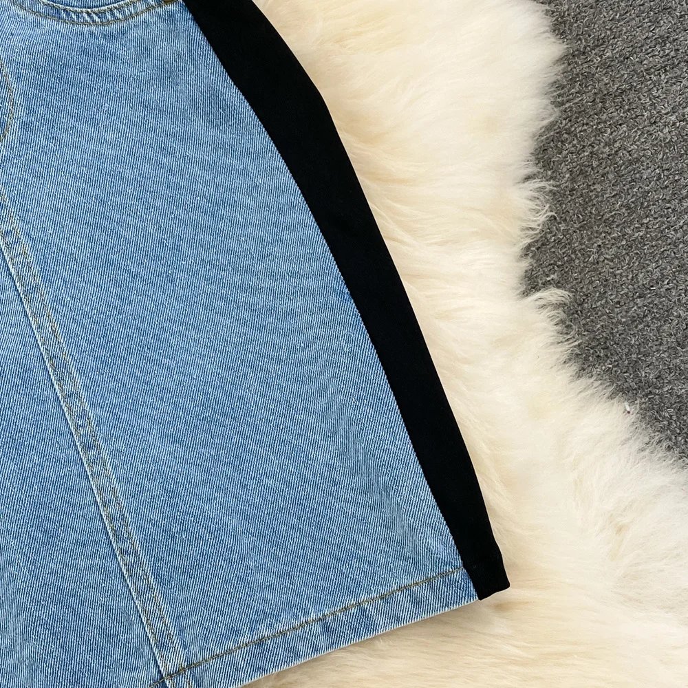 EWQ Sweet Style Women's Fake Two Piece O-neck Short-sleeve Denim Patchwork High Waist Dress 2024 Autumn New Dresses 27SN3697