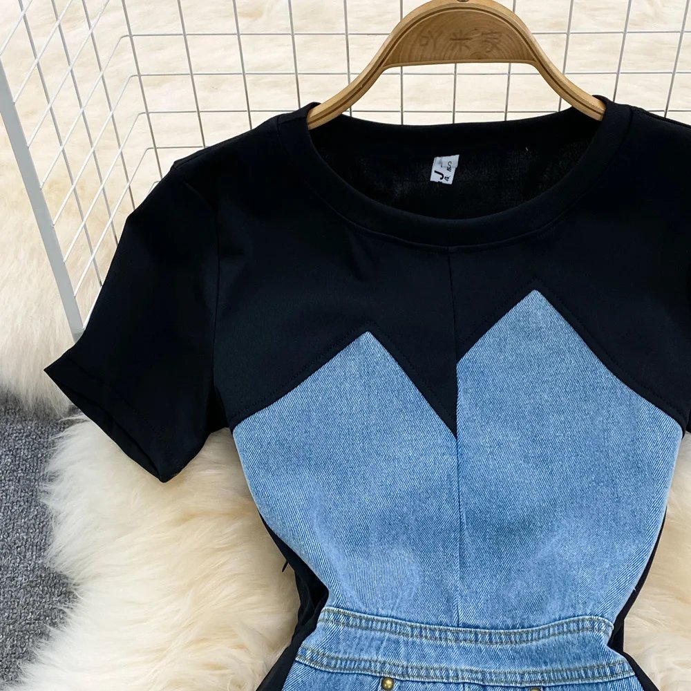 EWQ Sweet Style Women's Fake Two Piece O-neck Short-sleeve Denim Patchwork High Waist Dress 2024 Autumn New Dresses 27SN3697