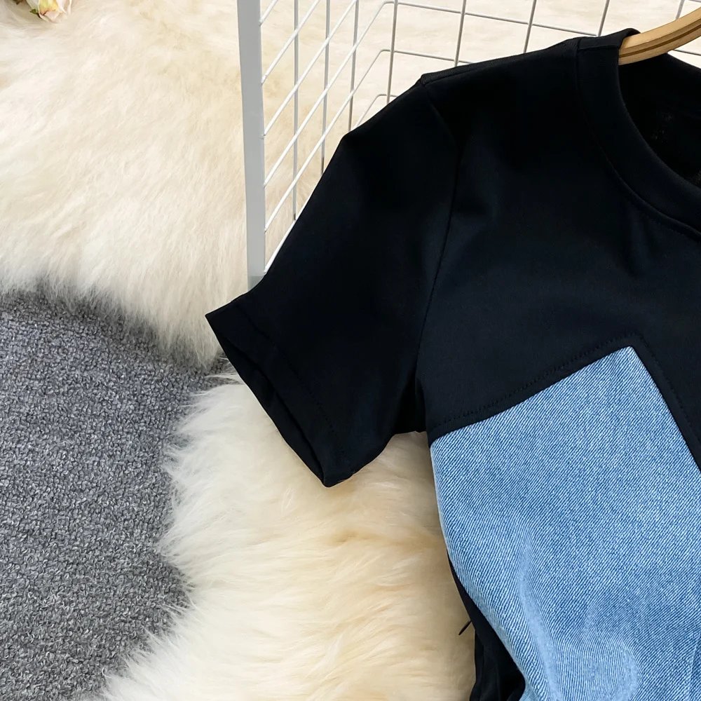 EWQ Sweet Style Women's Fake Two Piece O-neck Short-sleeve Denim Patchwork High Waist Dress 2024 Autumn New Dresses 27SN3697
