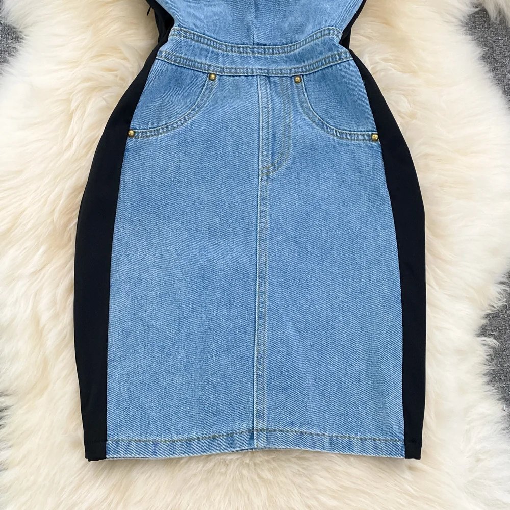 EWQ Sweet Style Women's Fake Two Piece O-neck Short-sleeve Denim Patchwork High Waist Dress 2024 Autumn New Dresses 27SN3697