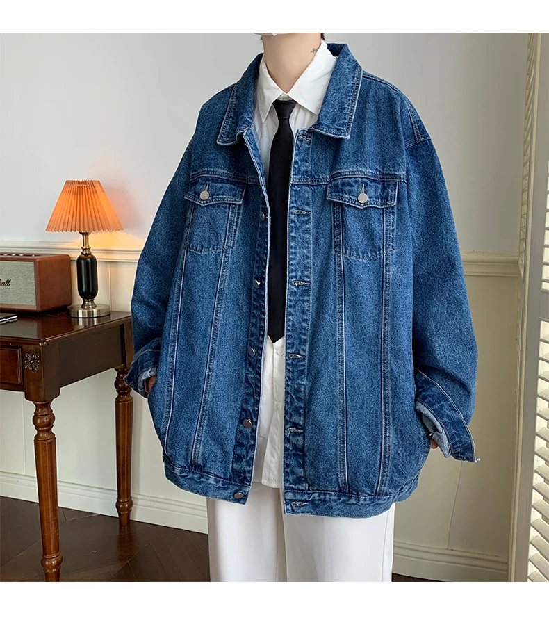 Plus Size 5XL-M Black Denim Jacket Mens Turn Down Collar Jeans Coats Multi-pockets Overalls Streetwear Loose Casual Men Clothing