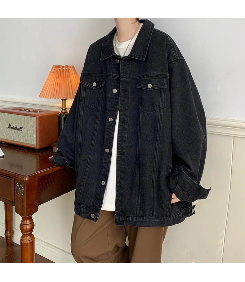 Plus Size 5XL-M Black Denim Jacket Mens Turn Down Collar Jeans Coats Multi-pockets Overalls Streetwear Loose Casual Men Clothing