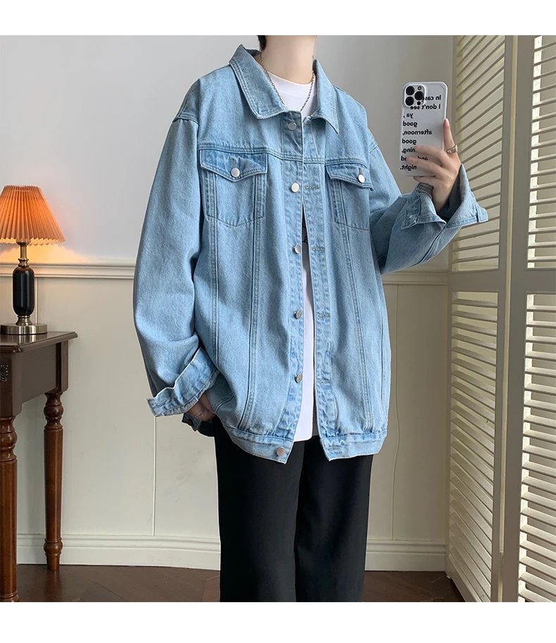 Plus Size 5XL-M Black Denim Jacket Mens Turn Down Collar Jeans Coats Multi-pockets Overalls Streetwear Loose Casual Men Clothing