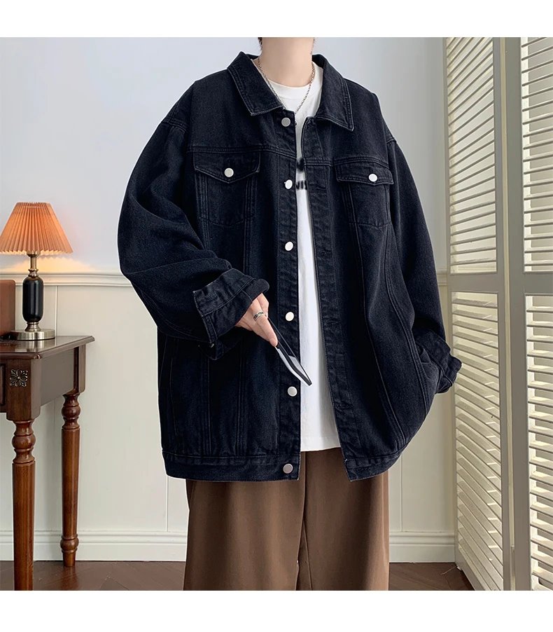 Plus Size 5XL-M Black Denim Jacket Mens Turn Down Collar Jeans Coats Multi-pockets Overalls Streetwear Loose Casual Men Clothing