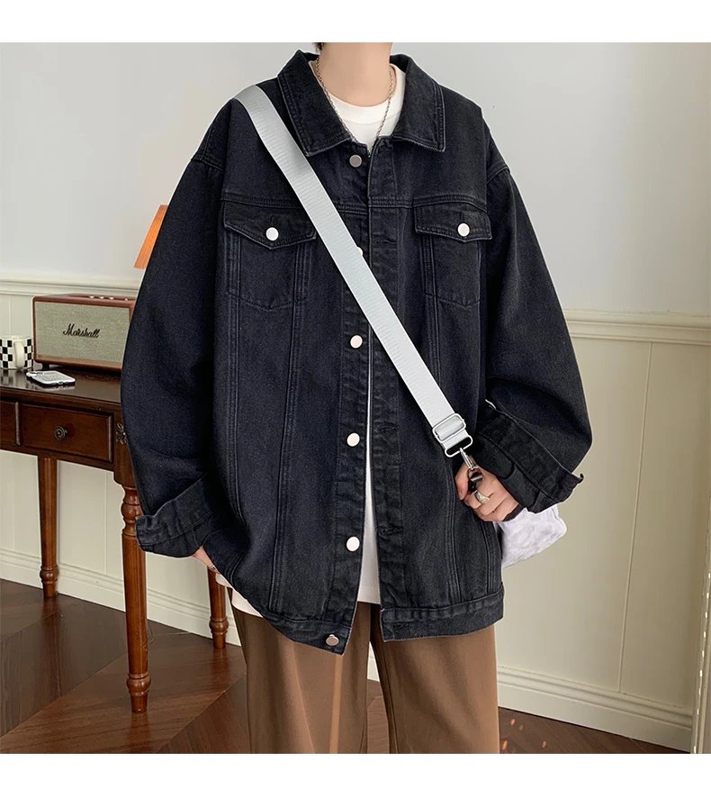 Plus Size 5XL-M Black Denim Jacket Mens Turn Down Collar Jeans Coats Multi-pockets Overalls Streetwear Loose Casual Men Clothing