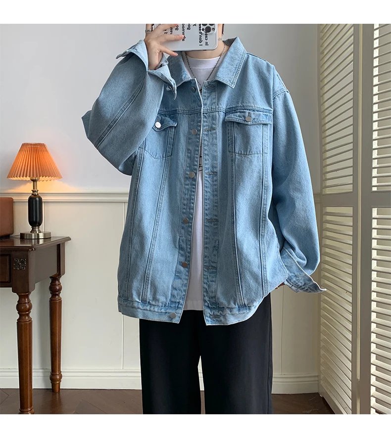 Plus Size 5XL-M Black Denim Jacket Mens Turn Down Collar Jeans Coats Multi-pockets Overalls Streetwear Loose Casual Men Clothing