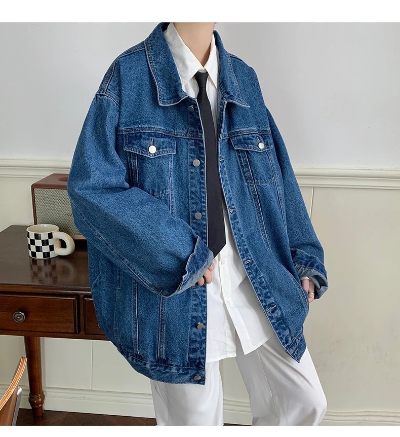 Plus Size 5XL-M Black Denim Jacket Mens Turn Down Collar Jeans Coats Multi-pockets Overalls Streetwear Loose Casual Men Clothing