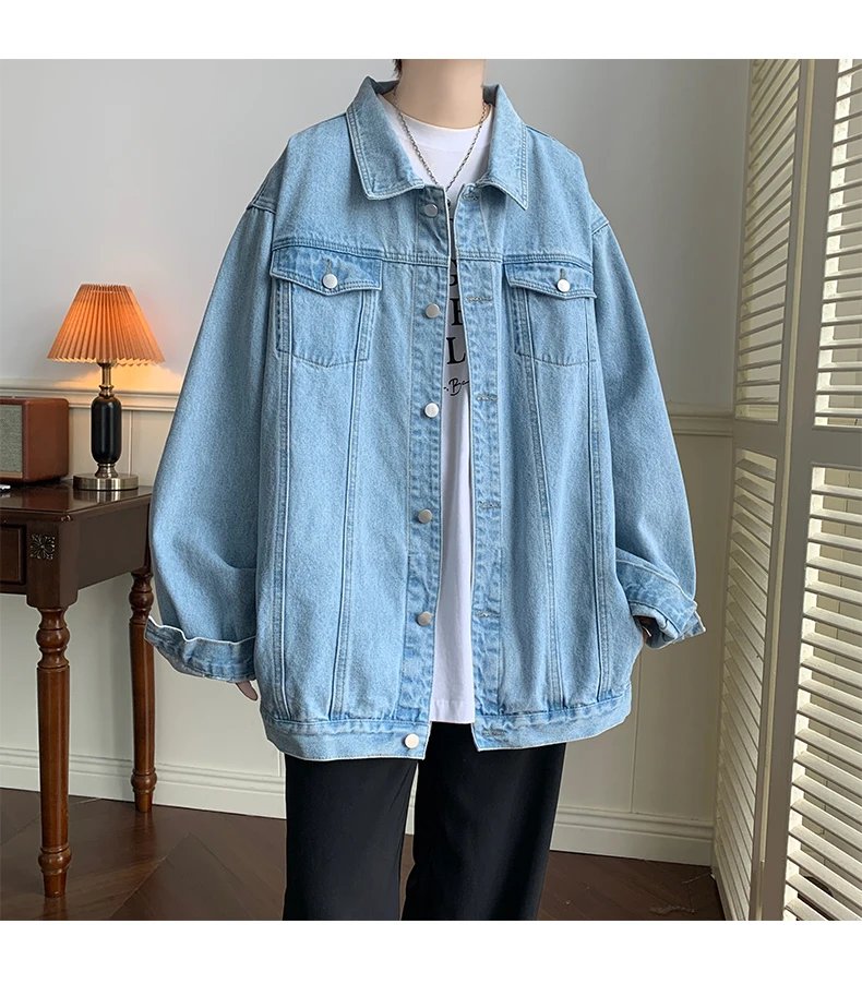 Plus Size 5XL-M Black Denim Jacket Mens Turn Down Collar Jeans Coats Multi-pockets Overalls Streetwear Loose Casual Men Clothing