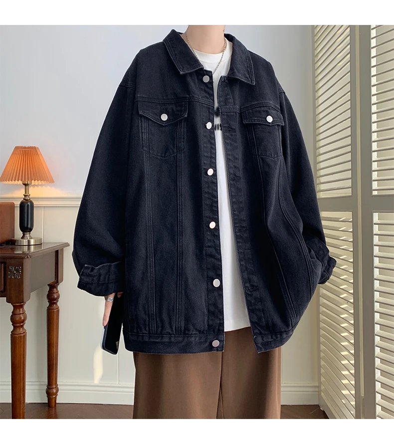 Plus Size 5XL-M Black Denim Jacket Mens Turn Down Collar Jeans Coats Multi-pockets Overalls Streetwear Loose Casual Men Clothing