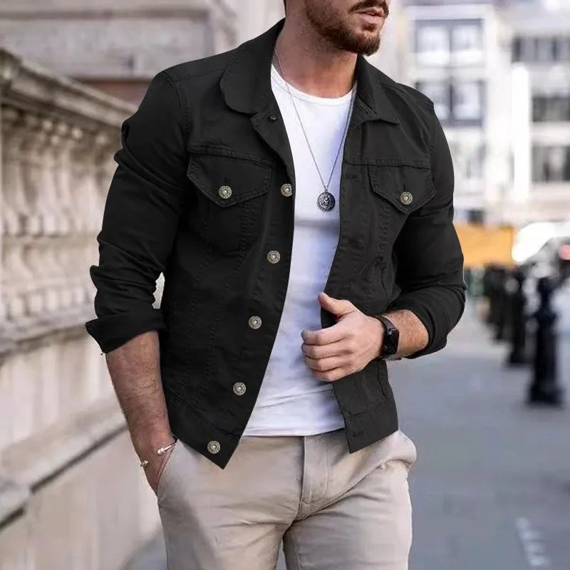 Fashion Men Jean Jacket Outerwear Casual Slim-fit Coat with Pocket Button Design Cargo Jacket Streetswear Autumn Tops Clothing