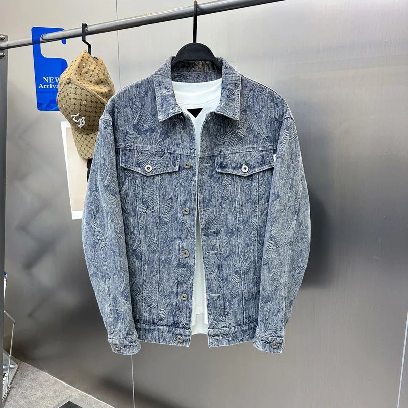 Spring jacquard men's denim jacket, fashionable embroidered men's loose jacket, lapel jacket