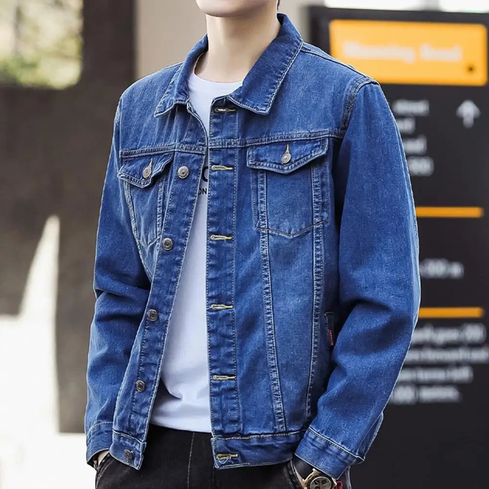 Men Jacket Retro Hop Style Denim Jacket with Multi Pockets Plus Size Fit for Men Streetwear Coat with Single-breasted Design