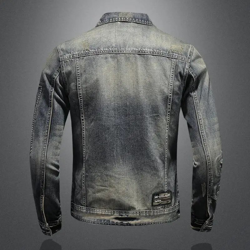 2023 new men's denim jacket retro trend loose casual handsome streetwear high street fashion hole Slim lapel denim jacket