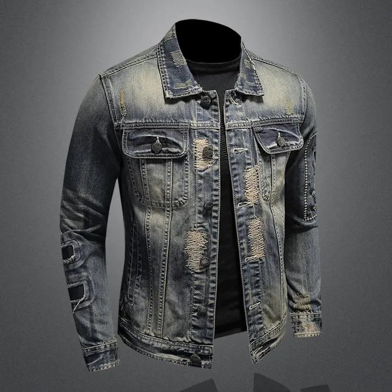 2023 new men's denim jacket retro trend loose casual handsome streetwear high street fashion hole Slim lapel denim jacket