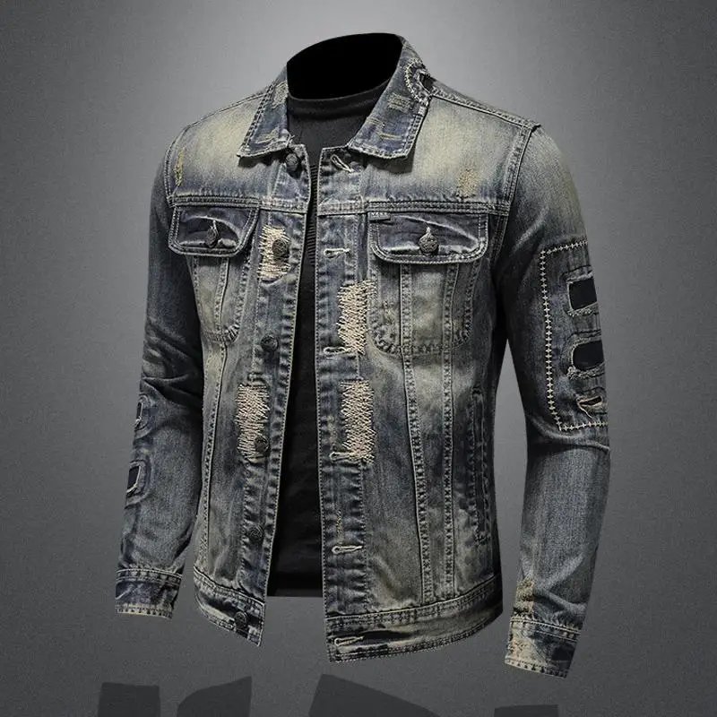 2023 new men's denim jacket retro trend loose casual handsome streetwear high street fashion hole Slim lapel denim jacket