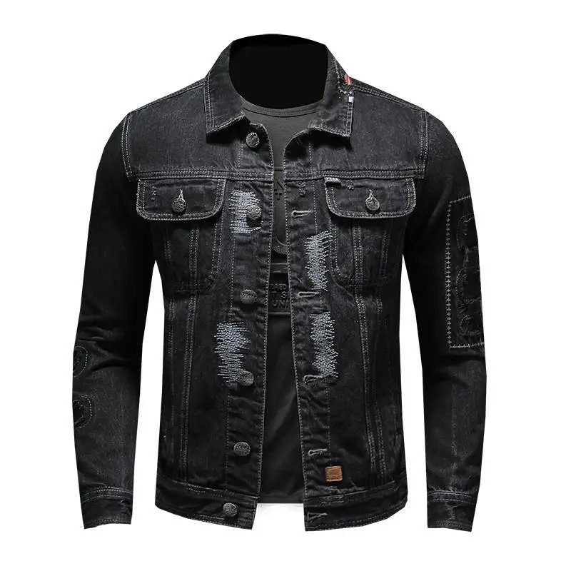 2023 new men's denim jacket retro trend loose casual handsome streetwear high street fashion hole Slim lapel denim jacket