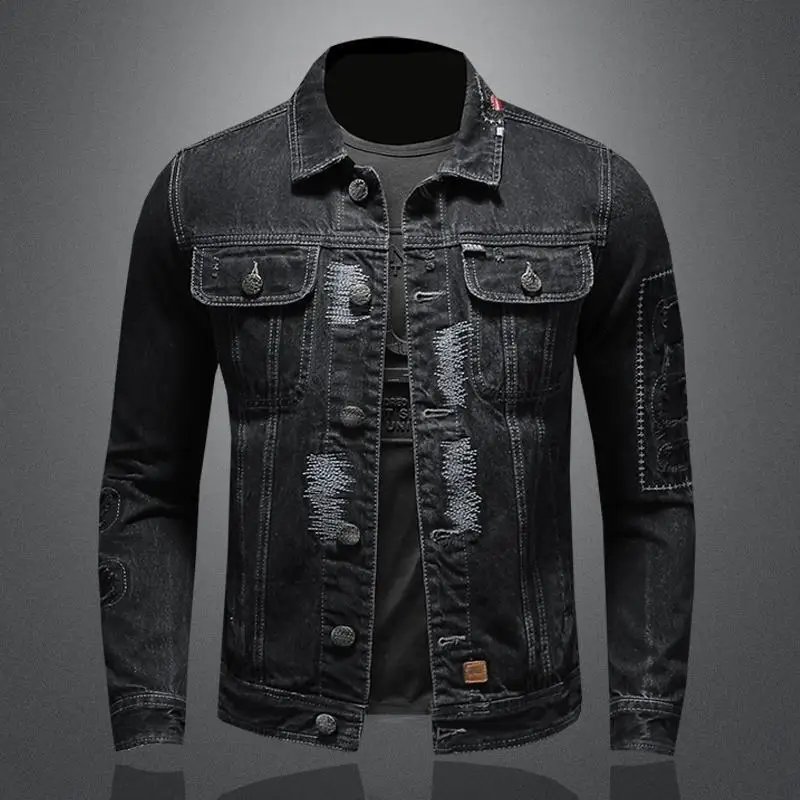 2023 new men's denim jacket retro trend loose casual handsome streetwear high street fashion hole Slim lapel denim jacket