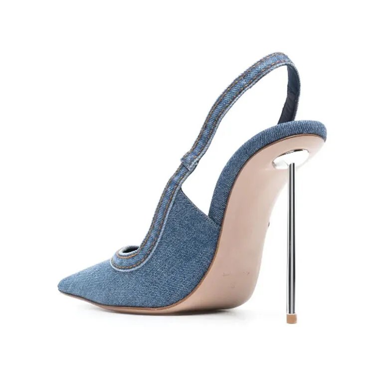 2024 Women's Fashion Blue Denim Thin High Heel Single Shoes European and American Pointed Back Strap Shallow Mouth Sandals